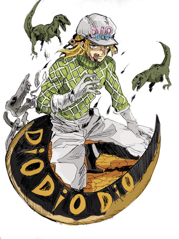 1boy, bandaid, blonde_hair, blue_eyes, boots, diego_brando, dinosaur, gloves