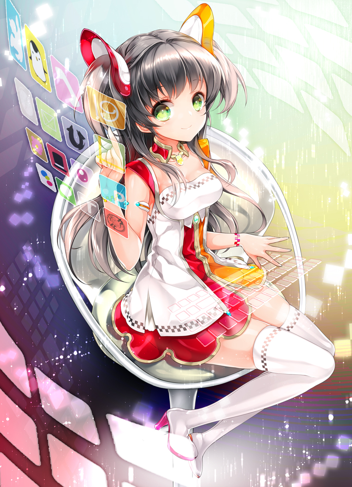 armband, black_hair, boots, breasts, chair, cleavage, dress, green_eyes