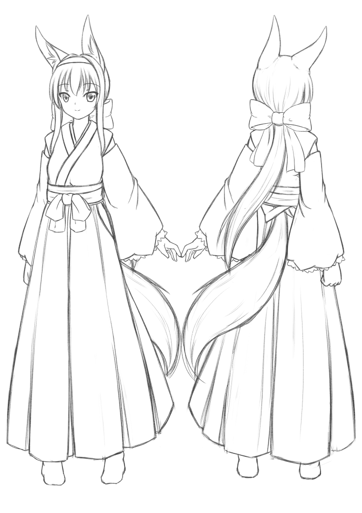 1girl, animal_ears, fox_ears, fox_tail, from_behind, himeka_chiyako, looking_at_viewer, monochrome