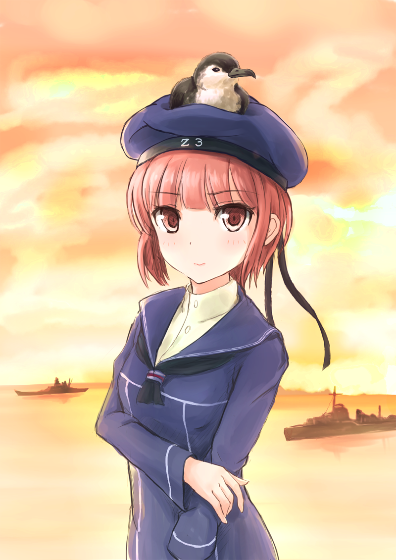 1girl, beret, bird, brown_eyes, brown_hair, destroyer, deza, hat