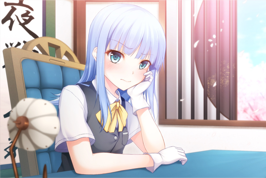 1girl, blue_eyes, blue_hair, chair, desk, gloves, hatsukaze_(kantai_collection), kantai_collection