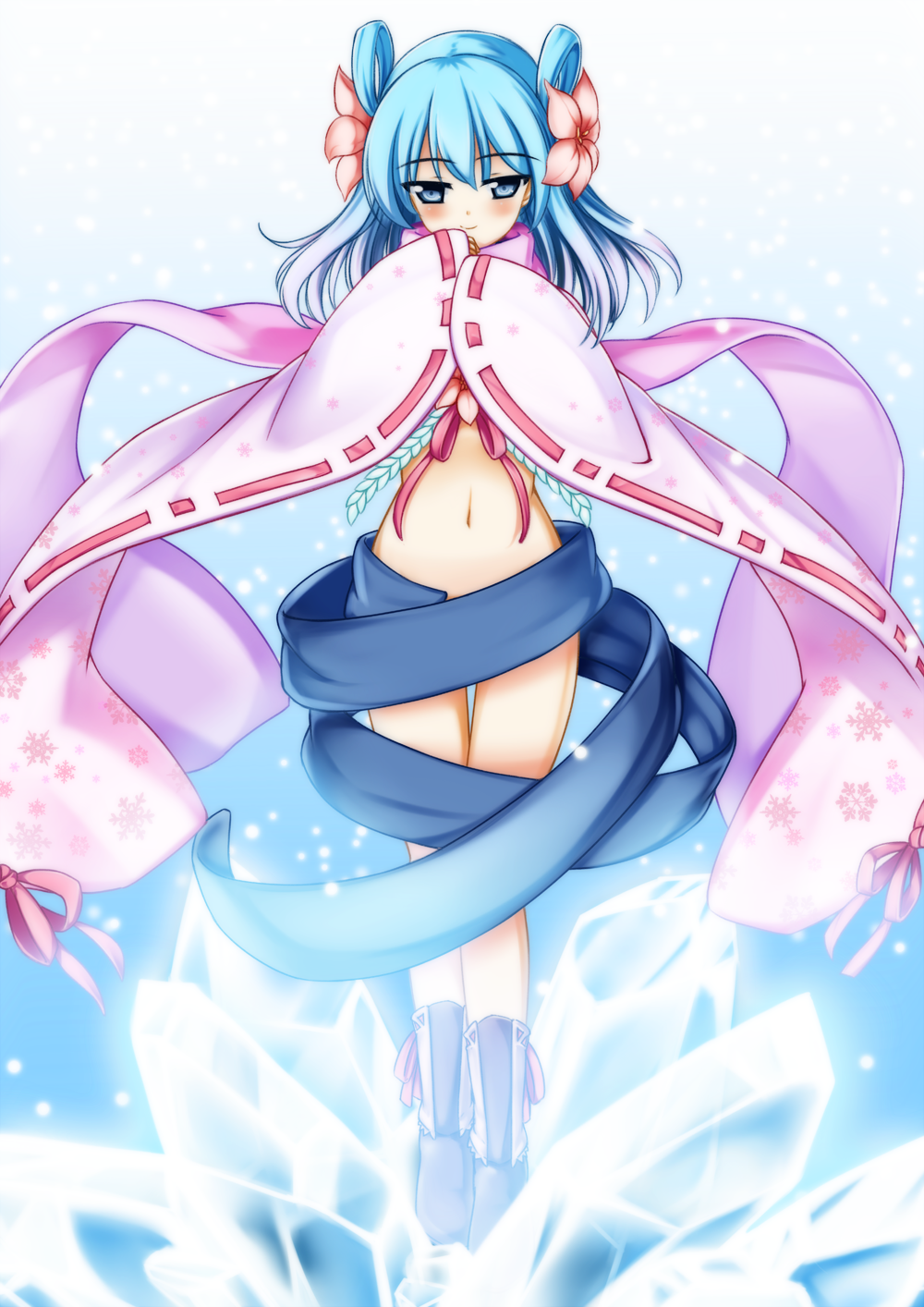 1girl, blue_eyes, blue_hair, blush, highres, looking_at_viewer, navel, oyuki_(shikihime_zoushi)
