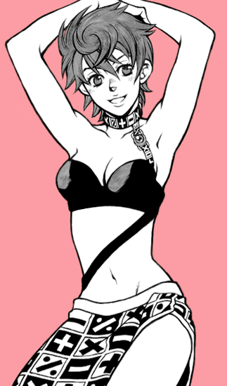 1girl, arms_behind_head, blush, breasts, choker, cleavage, jojo_no_kimyou_na_bouken, midriff, monochrome, open_mouth, pink_background, short_hair, sima_nozomu, skirt, smile, solo, trish_una