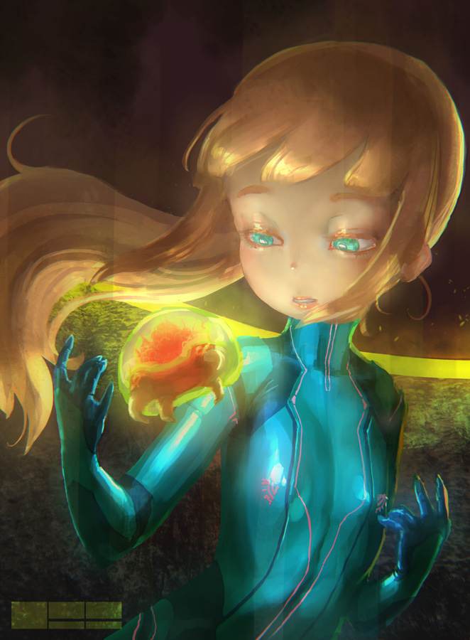 1=2, 1girl, blonde_hair, blue_eyes, bodysuit, lips, long_hair, metroid