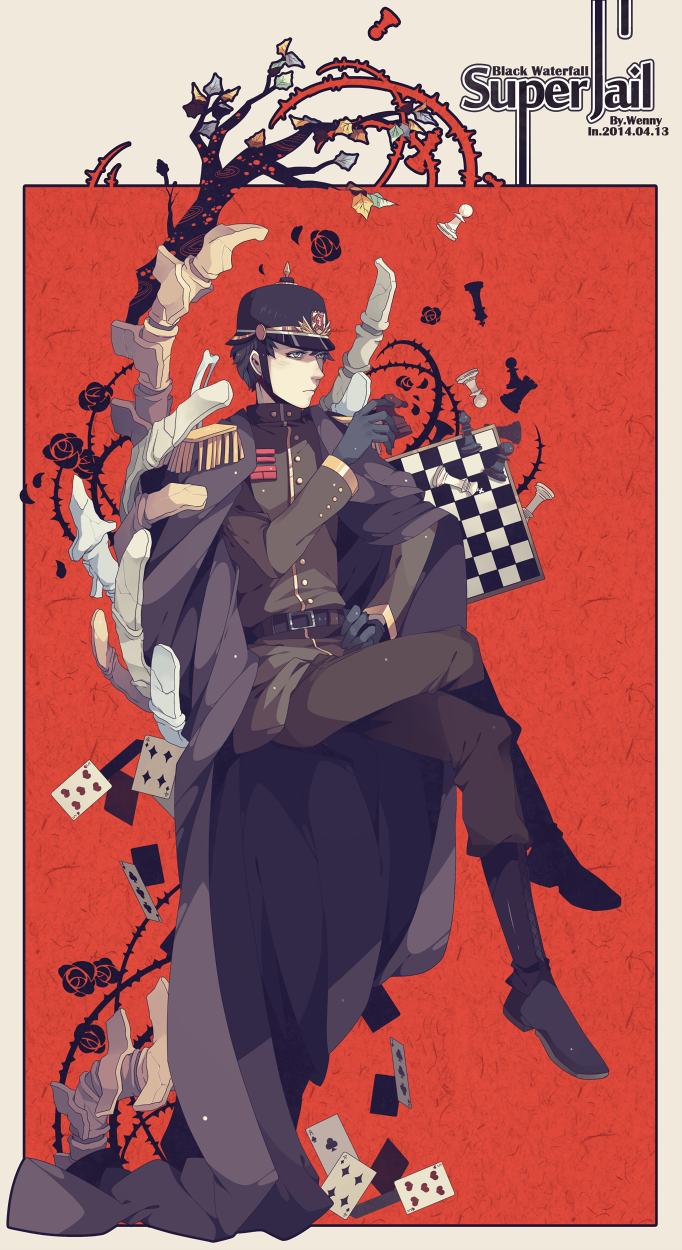 1boy, black_hair, bone, cape, card, chess_piece, chessboard, epaulettes
