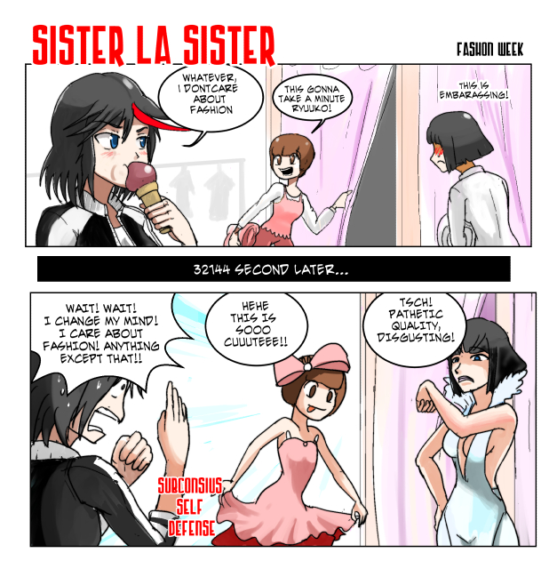 3girls, alternate_hairstyle, blush, comic, cosplay, dressing_room, english, engrish