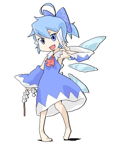 armpits, barefoot, blue_eyes, blue_hair, bow, cirno, cosplay, detached_sleeves