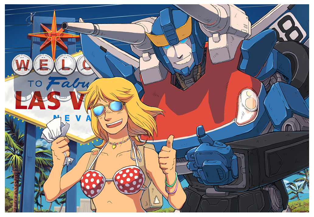 1boy, 1girl, autobot, bikini_top, blonde_hair, carly_(transformers), las_vegas, mecha, retrolex, robot, science_fiction, smokescreen_(transformers), transformers