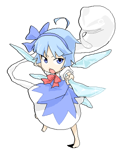 barefoot, blue_eyes, blue_hair, cirno, cosplay, frog, ghost, hairband