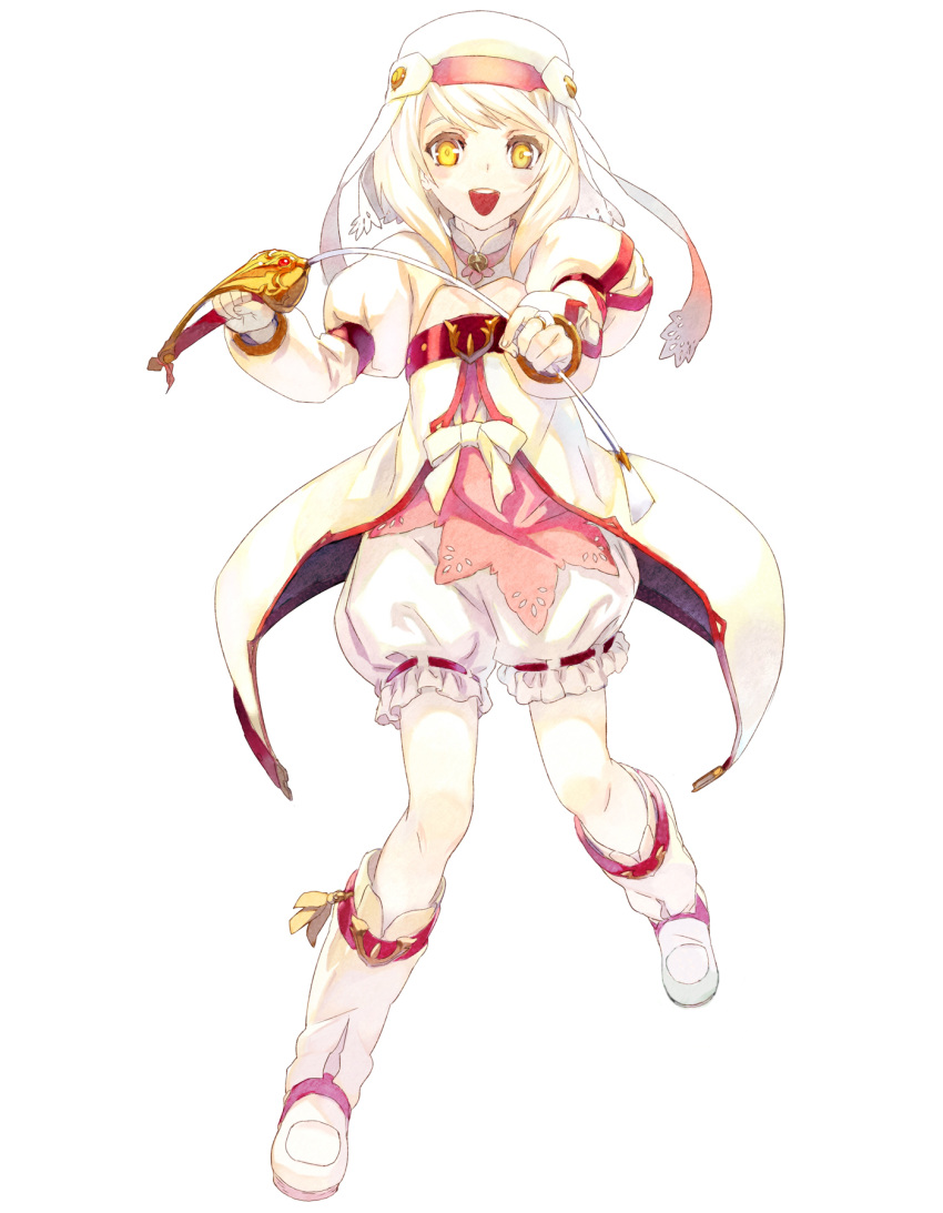 1girl, :d, alice_(tales), blonde_hair, bloomers, boots, coat, daigo_okumura, highres, knee_boots, official_art, open_mouth, rapier, short_hair, smile, solo, sword, tales_of_(series), tales_of_symphonia, tales_of_symphonia_knight_of_ratatosk, underwear, veil, weapon, white_background, yellow_eyes