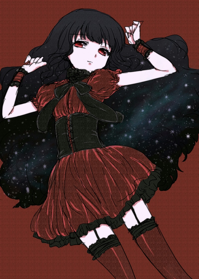 1girl, black_hair, corset, dress, garter_straps, long_hair, mahouka_koukou_no_rettousei, red_eyes