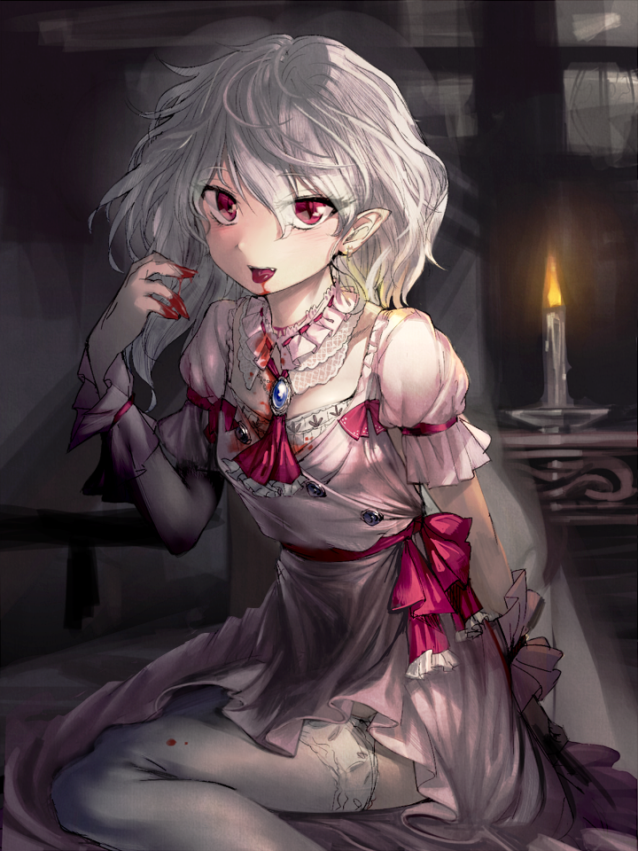 1girl, ascot, blood, blood_in_mouth, bloody_hands, brooch, candle, fang