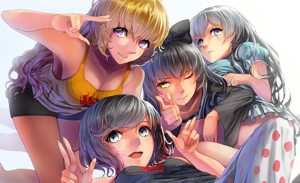 black_hair, blake_belladonna, blonde_hair, blue_eyes, double_v, long_hair, multiple_girls, one_eye_closed
