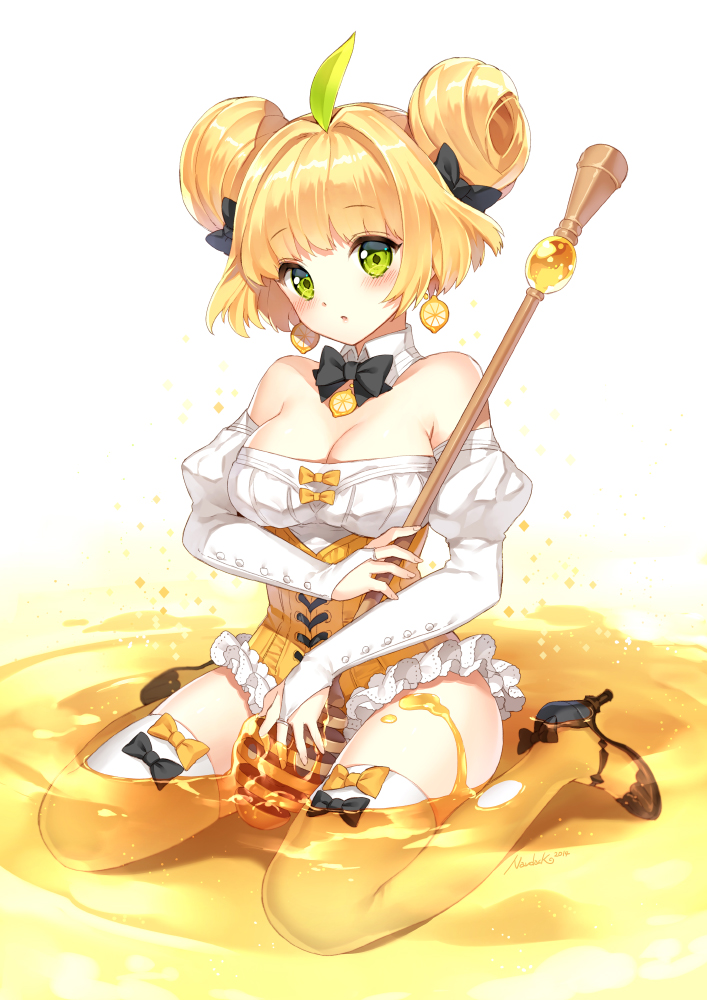 1girl, bare_shoulders, blonde_hair, blush, bow, bowtie, breasts, bridal_gauntlets, cleavage, detached_collar, detached_sleeves, double_bun, earrings, green_eyes, hair_bow, high_heels, honey, honey_dipper, jewelry, large_breasts, looking_at_viewer, nardack, original, short_hair, sitting, solo, thigh-highs, wariza, white_legwear