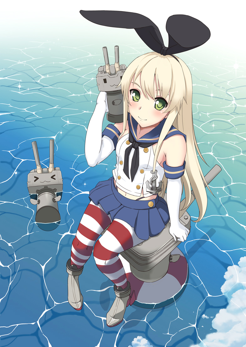 >_<, 1girl, anchor, black_panties, elbow_gloves, gloves, hairband, kantai_collection, largo_(largo-hal2001k91), long_hair, looking_at_viewer, panties, personification, rensouhou-chan, shimakaze_(kantai_collection), sitting, striped, striped_legwear, thigh-highs, underwear, white_gloves