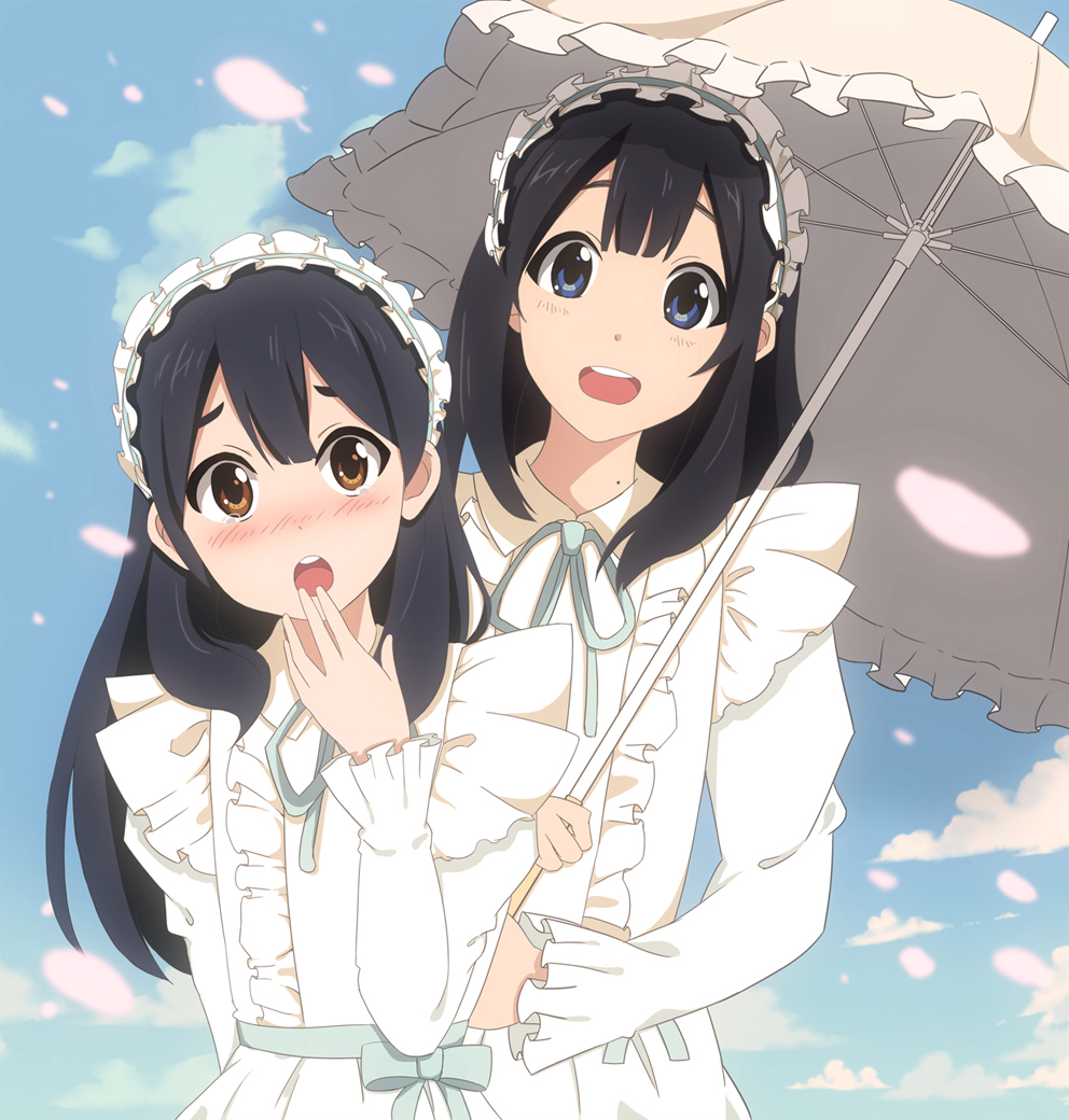 2girls, :d, :o, alternate_costume, alternate_hairstyle, black_hair, blue_eyes, blush