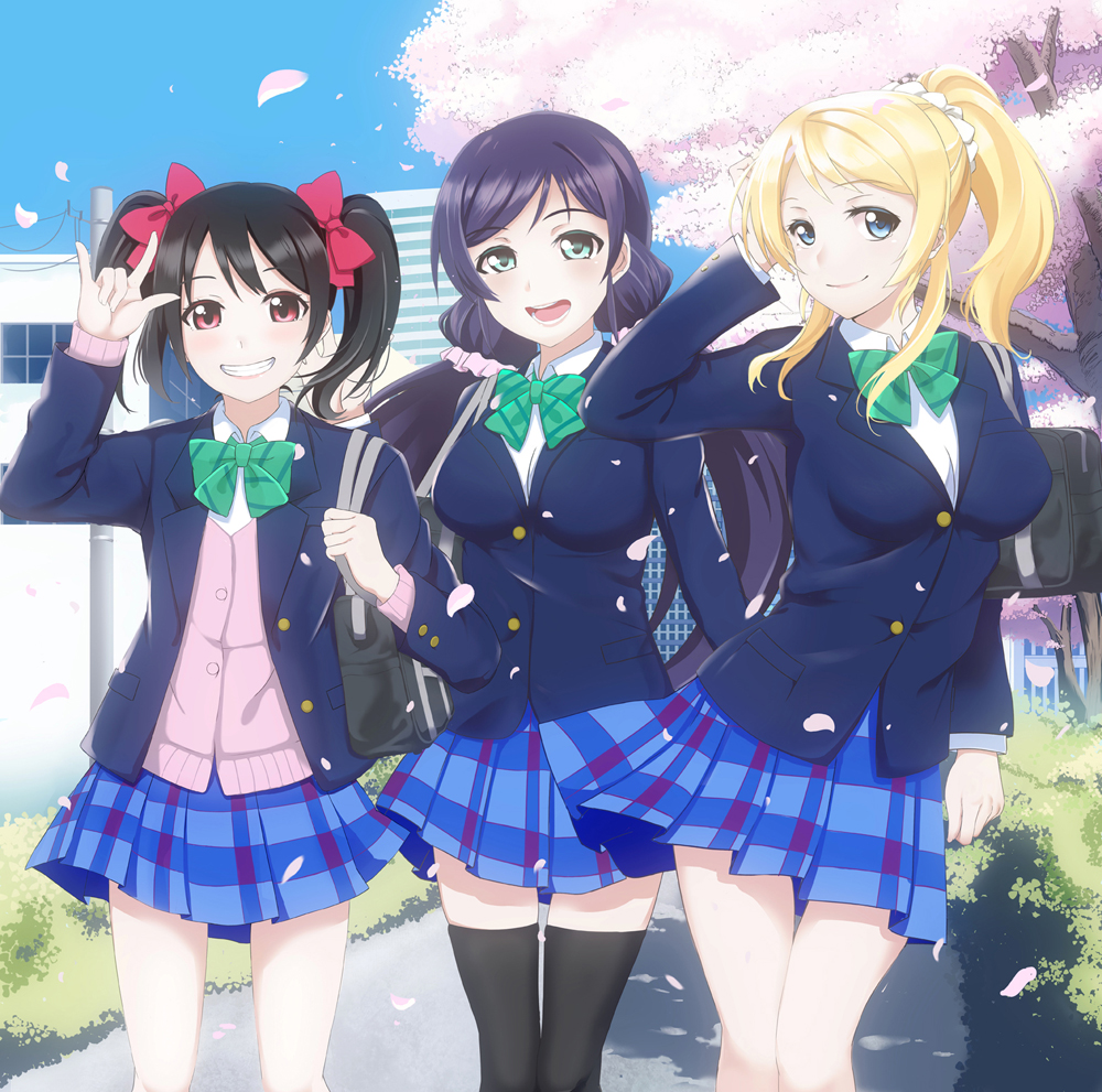 3girls, ayase_eli, black_hair, blonde_hair, blue_eyes, bow, breasts, cherry_blossoms, green_eyes, hair_bow, largo_(largo-hal2001k91), long_hair, looking_at_viewer, love_live!_school_idol_project, multiple_girls, open_mouth, ponytail, purple_hair, red_eyes, school_uniform, skirt, smile, toujou_nozomi, twintails, yazawa_nico