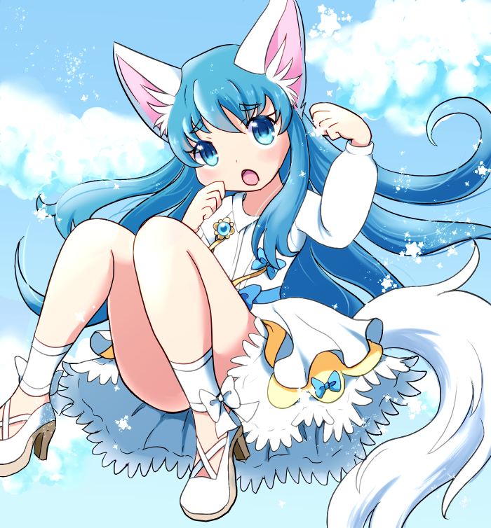 1girl, :o, animal_ears, blue_eyes, blue_hair, blush, cat_ears, cat_tail