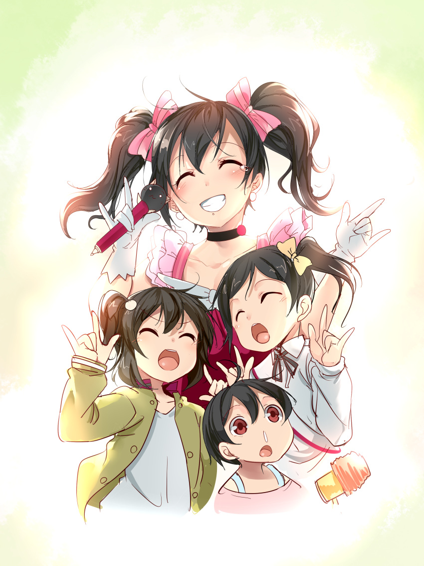 1boy, 3girls, \m/, absurdres, ajishio, black_hair, blush, bow