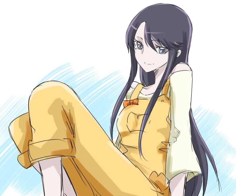 1girl, blue_eyes, cosplay, crossover, eyelashes, gacchahero, happinesscharge_precure!, happy, heartcatch_precure!, long_hair, looking_at_viewer, oomori_yuuko, oomori_yuuko_(cosplay), overalls, precure, purple_hair, sitting, sketch, smile, solo, tsukikage_yuri