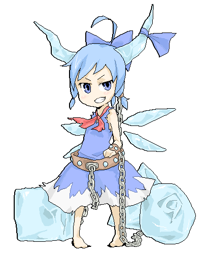 ⑨, barefoot, blue_eyes, blue_hair, bow, chain, chains, cirno