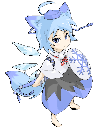 animal_ears, barefoot, blue_eyes, blue_hair, cirno, cosplay, detached_sleeves, hat