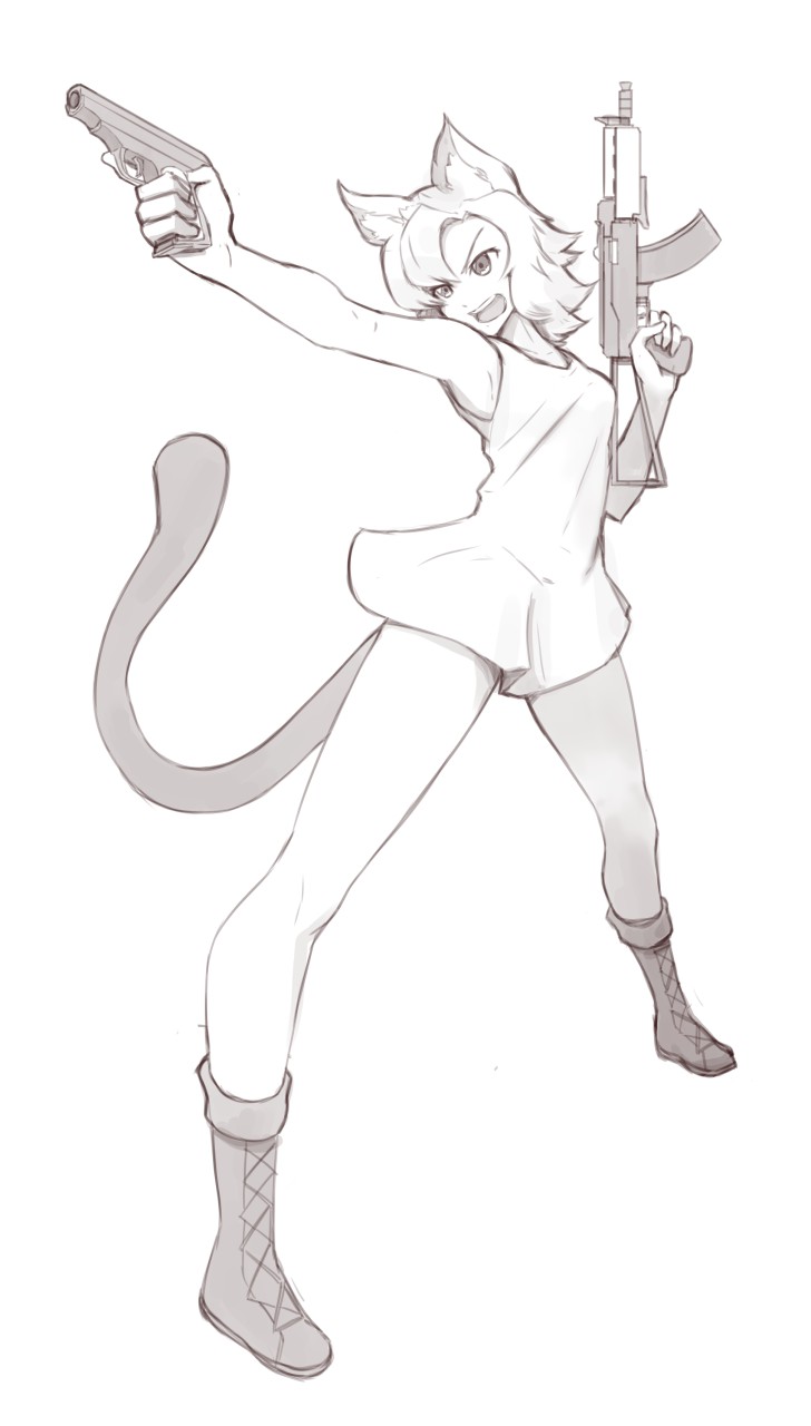 1girl, animal_ears, assault_rifle, boots, borrowed_character, cat_ears, cat_tail, cross-laced_footwear