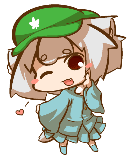 1girl, blush_stickers, cheek_poking, chibi, fang, hat, heart, inubashiri_momiji
