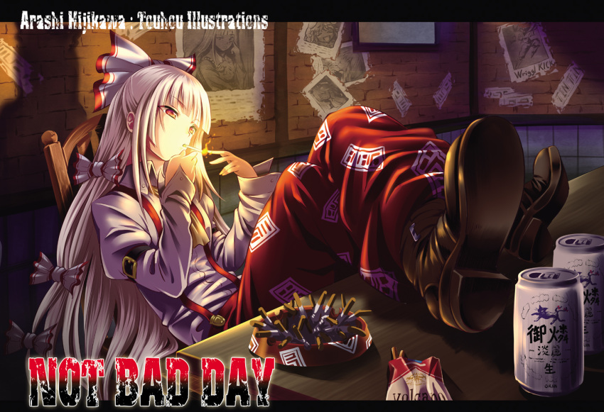 1girl, ashtray, beer_can, bow, chair, chin-chin, cigarette, crossed_legs