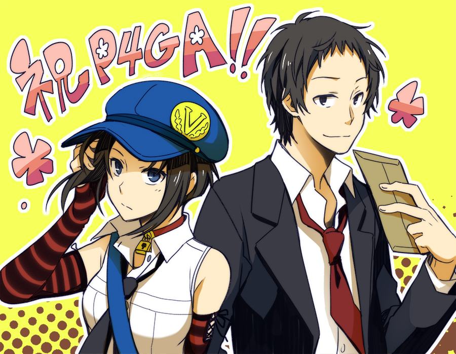1boy, 1girl, adachi_tooru, bag, bare_shoulders, black_eyes, black_hair, blue_eyes