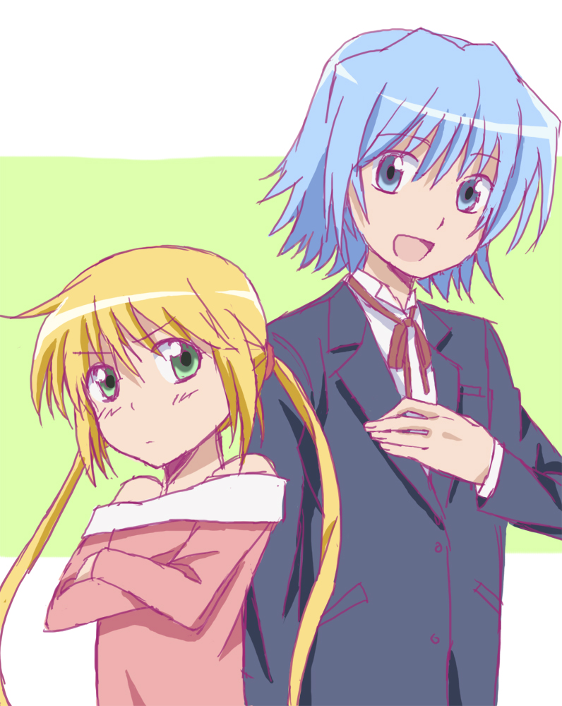 1boy, 1girl, ayasaki_hayate, blonde_hair, blue_eyes, blue_hair, butler, green_eyes
