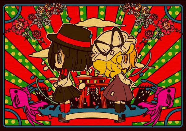 2girls, blonde_hair, border, bow, brown_hair, capelet, chibi, dress