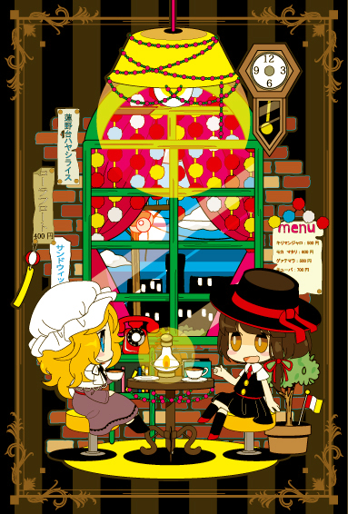 2girls, blonde_hair, blue_eyes, book, bow, brown_eyes, brown_hair, cafe