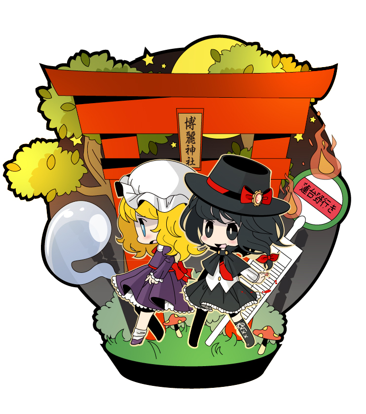 2girls, black_eyes, black_hair, blonde_hair, blue_eyes, bow, capelet, chibi