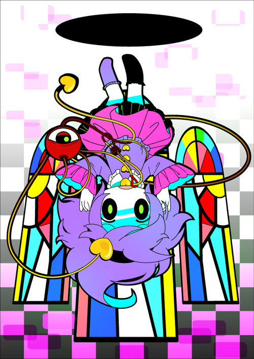 1girl, checkered, chibi, eyeball, hairband, heart, komeiji_satori, multiple_girls, natsuno_riku, pink_hair, short_hair, socks, solo, stained_glass, third_eye, touhou, upside-down