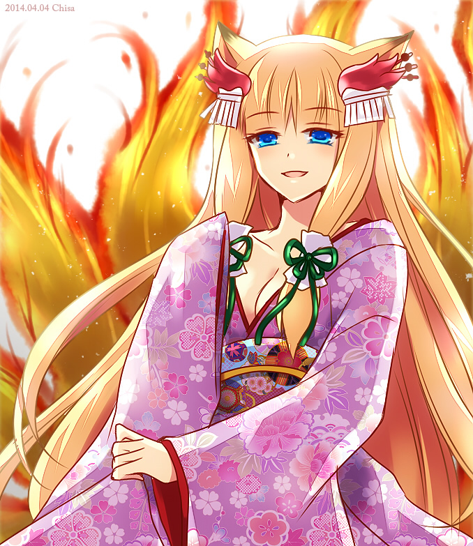 1girl, animal_ears, blue_eyes, breasts, brown_hair, chisa, cleavage, fox_ears