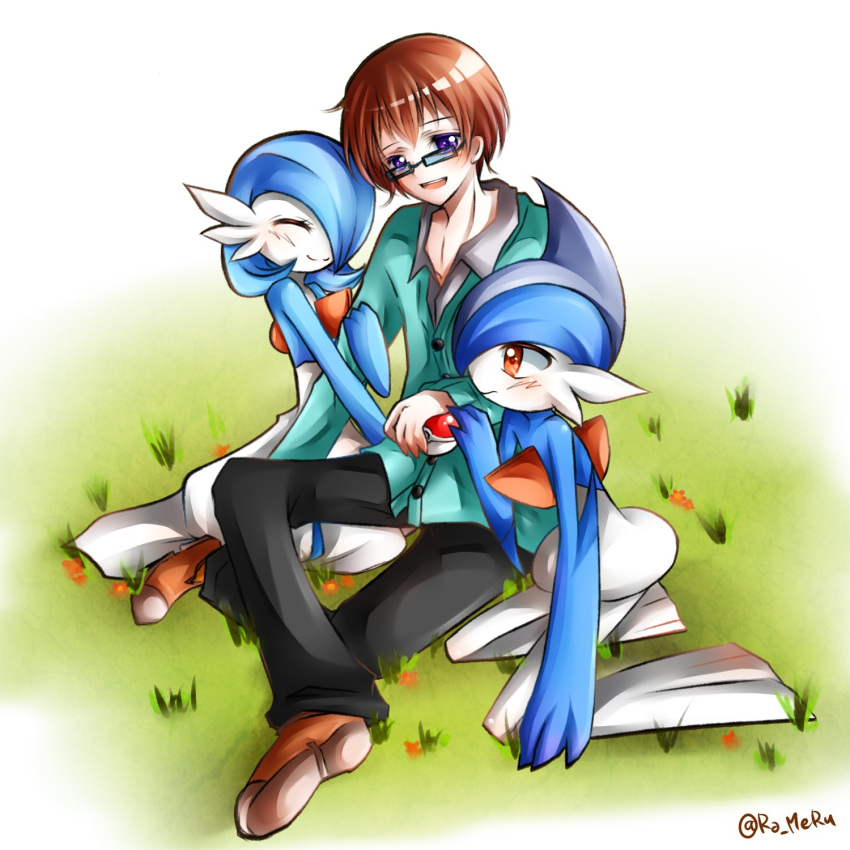 1boy, alternate_color, arm_hug, blue_hair, blush, brown_hair, closed_eyes, gallade