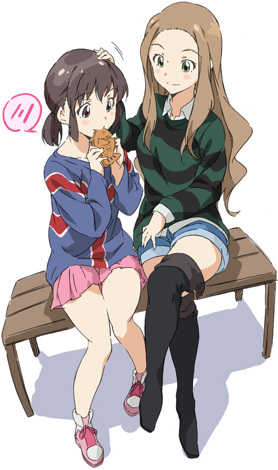 2girls, bare_legs, bench, black_boots, blush, boots, brown_eyes, brown_hair