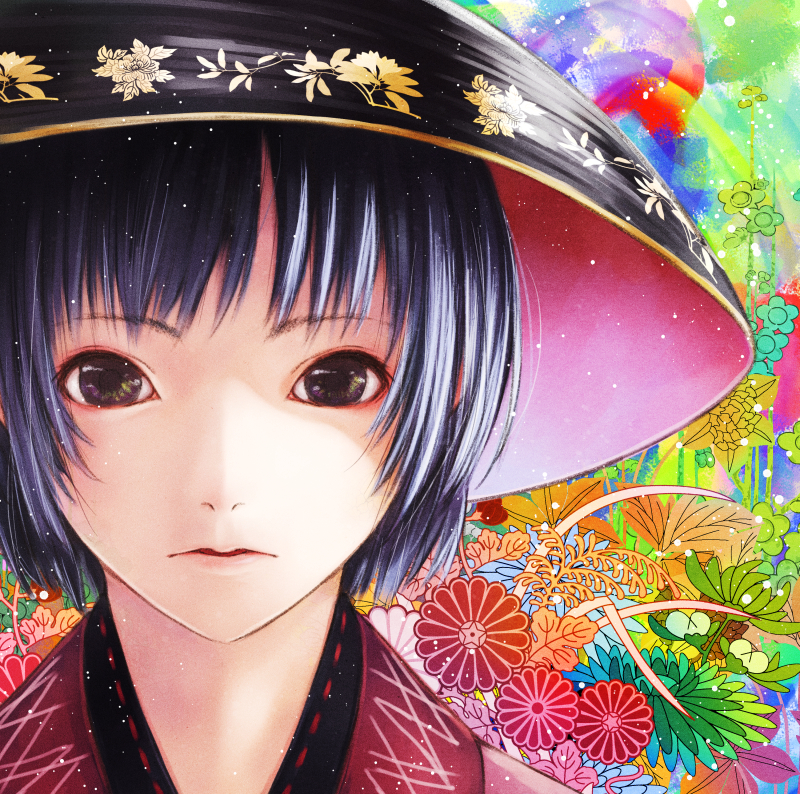 1girl, abstract_background, bowl, close-up, expressionless, face, floral_background, japanese_clothes