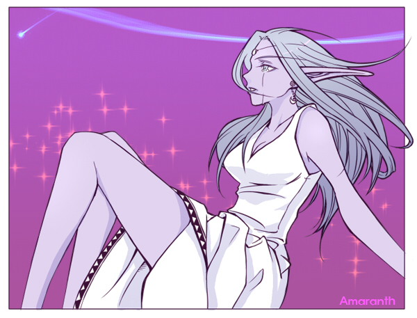 amaranth, breasts, circlet, cleavage, dress, earrings, elf, jewelry