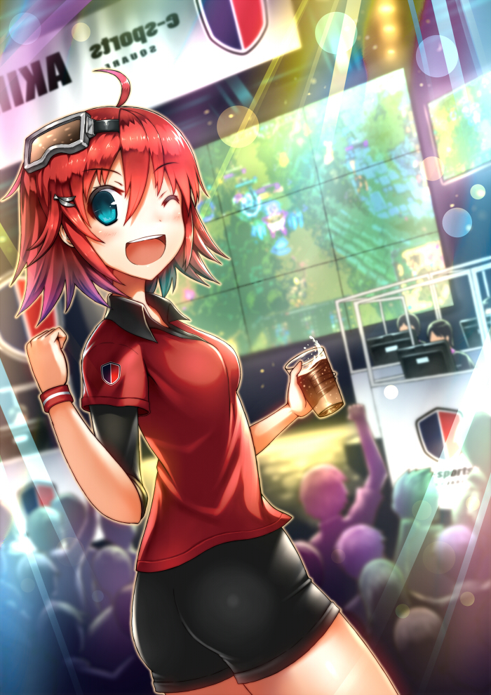1girl, akuko_(arc), blue_eyes, gia, goggles, goggles_on_head, league_of_legends, one_eye_closed