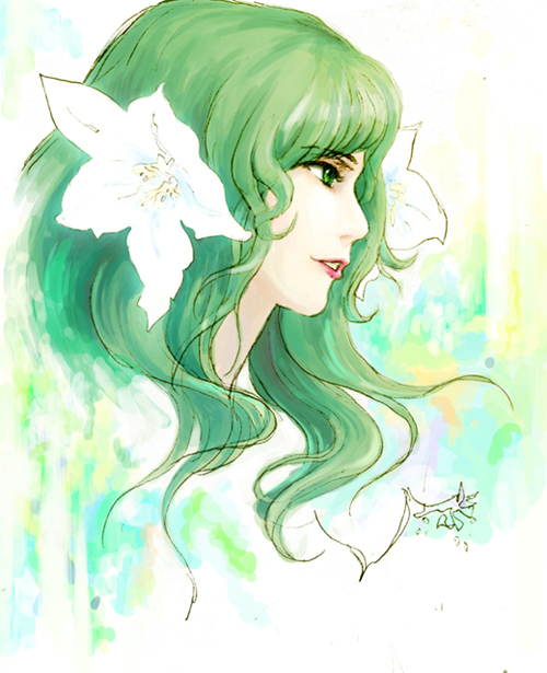 flower, green_eyes, green_hair, hair_flower, hair_ornament, long_hair, smile, warcraft
