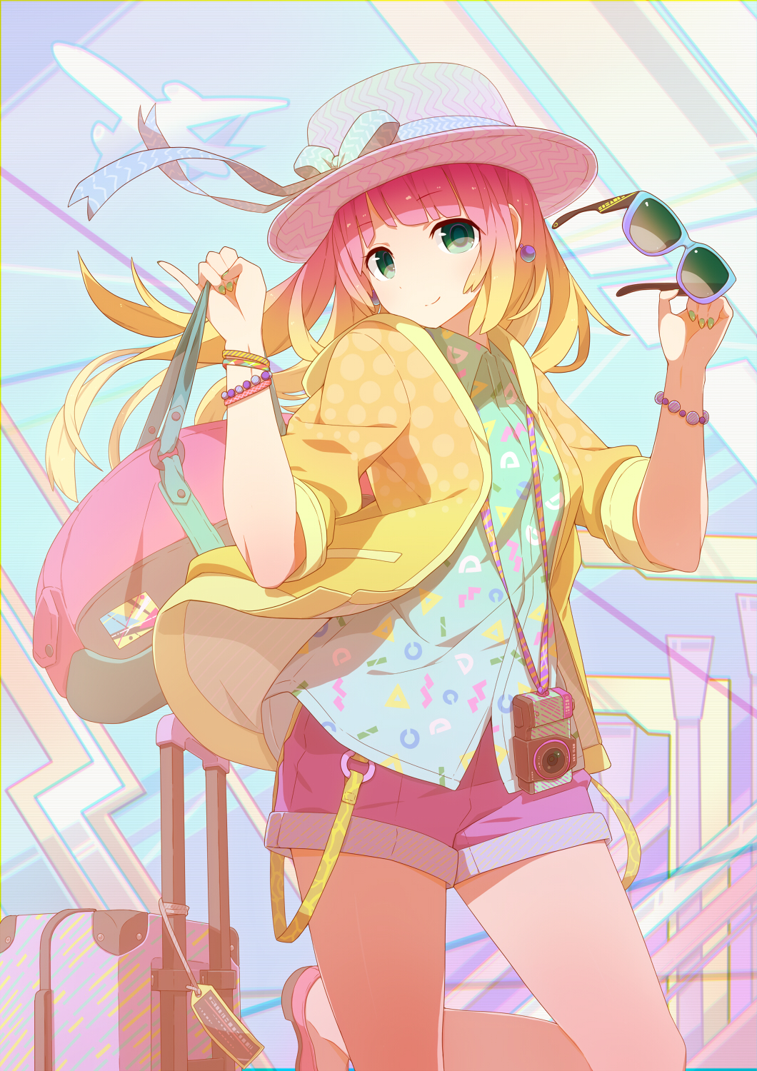 1girl, airplane, airport, bracelet, camera, earrings, glasses, gradient_hair