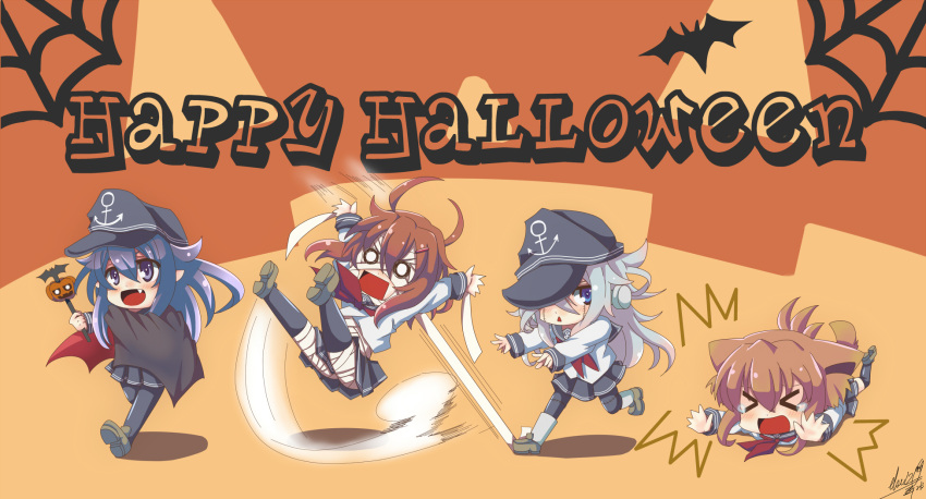 >_<, 4girls, akatsuki_(kantai_collection), animal_ears, brown_hair, cape, dog_ears, dog_tail