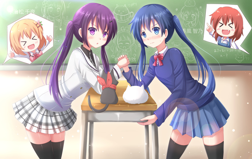 >_<, 4girls, :d, :o, :q, ??, arm_wrestling, black_legwear