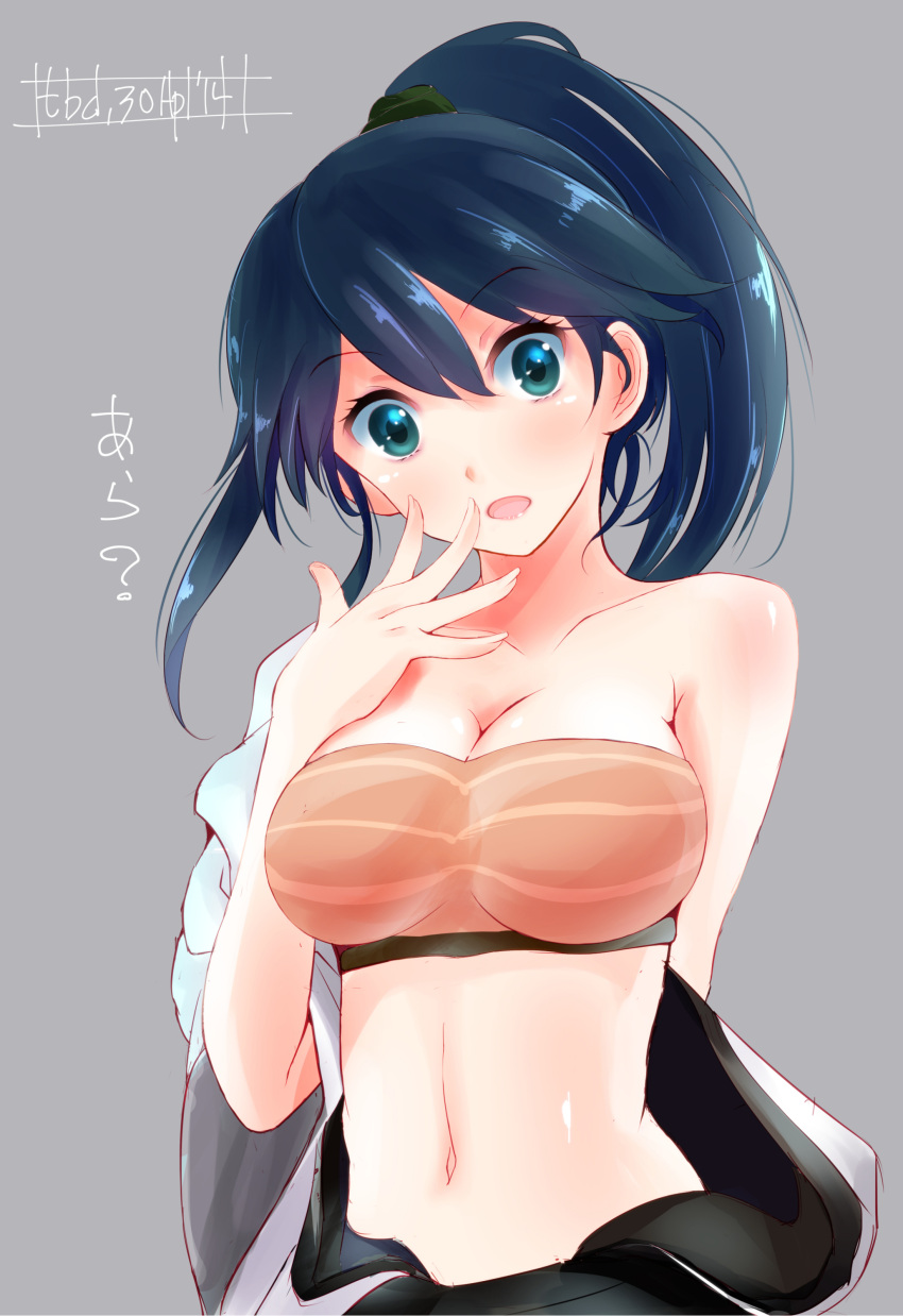 1girl, absurdres, bandeau, blue_eyes, blue_hair, blush, breasts, cleavage