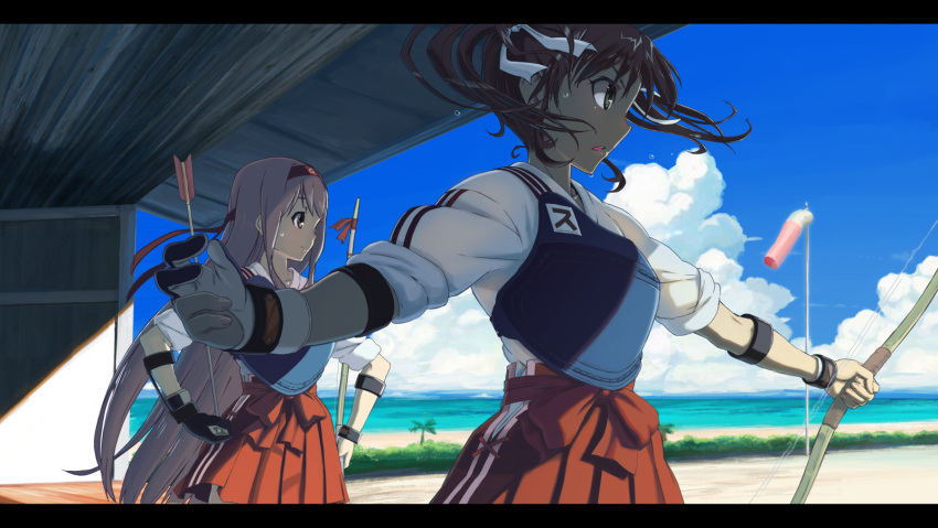 2girls, bow_(weapon), clouds, hair_ribbon, hairband, highres, japanese_clothes, kaku_choushi