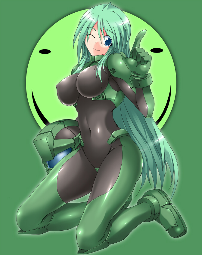 armored_core, armored_core:_for_answer, blue_eyes, body_suit, girl, green_hair, listless_time, may_greenfield, merrygate, smile, wink