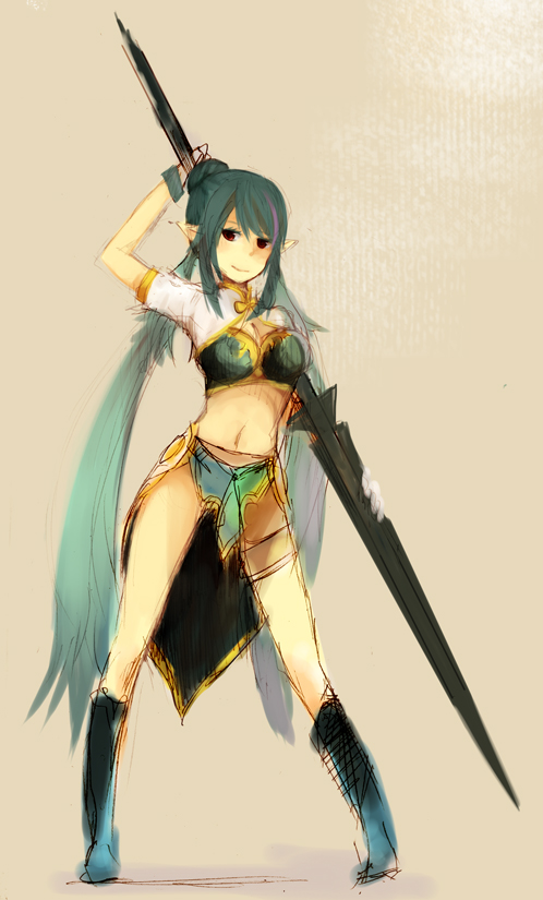 blue_hair, boots, conoha, gloves, judith, lance, long_hair, midriff