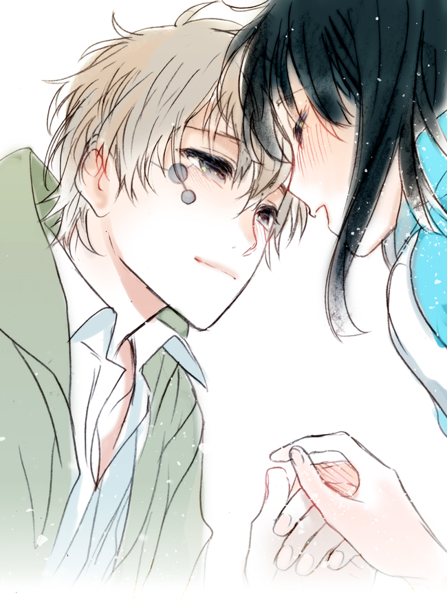 1boy, 1girl, black_eyes, black_hair, blush, brown_hair, closed_eyes, couple, enomoto_takane, hetero, kagerou_project, kokonose_haruka, long_hair, looking_at_another, short_hair, spoilers, summertime_record_(vocaloid), track_jacket, twintails, yuriko_(kkk9)